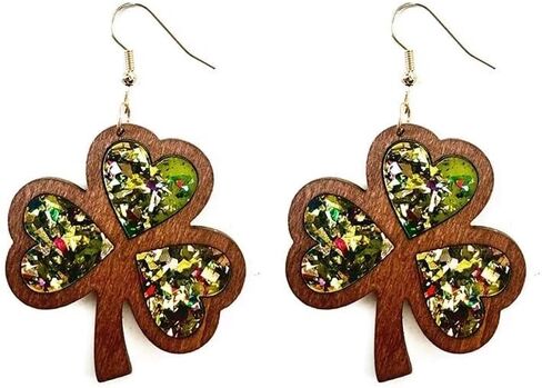 St. Patrick's Day Earrings Wooden Glitter Irish Shamrock Green Clover Dangle Earrings Sparkle Cute Good Lucky For Women Girls Jewelry Gift in Saudi Arabia