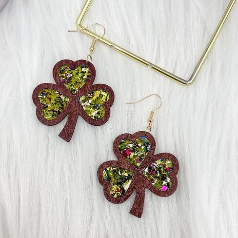 St. Patrick's Day Earrings Wooden Glitter Irish Shamrock Green Clover Dangle Earrings Sparkle Cute Good Lucky For Women Girls Jewelry Gift in Saudi Arabia