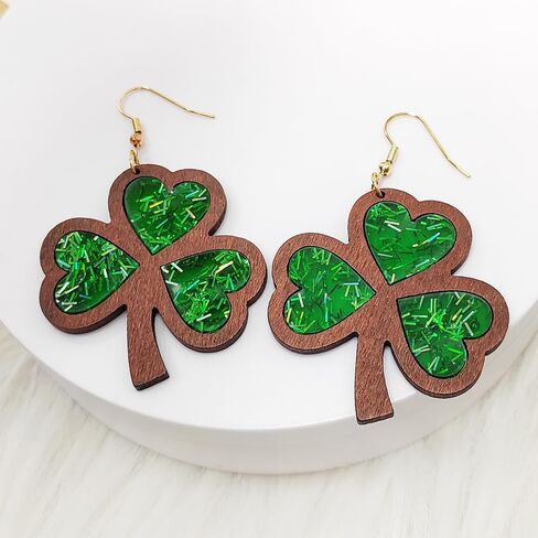 St. Patrick's Day Earrings Wooden Glitter Irish Shamrock Green Clover Dangle Earrings Sparkle Cute Good Lucky For Women Girls Jewelry Gift in Saudi Arabia