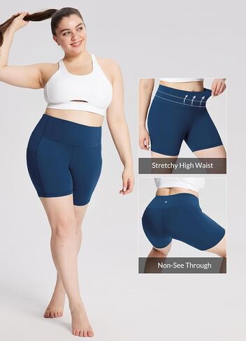 BALEAF Biker Shorts Women Yoga Gym Workout Spandex Running Volleyball Tummy Control Compression Shorts with Pockets Lycra 5" Blue S in Saudi Arabia