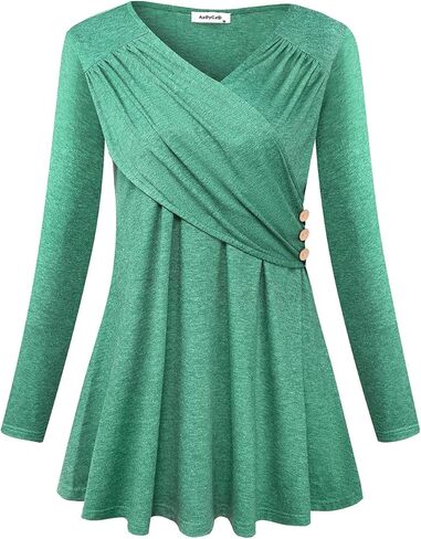 المرأة طويلة الأكمام Ruched عبر الجبهة الرقبة V الستر قمم عارضة in Kuwait