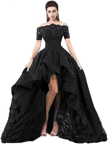 Lace Prom Dress Black Short Sleeve Hi Lo Evening Dress Off The Shoulder Formal Gown in Saudi Arabia