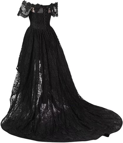 Lace Prom Dress Black Short Sleeve Hi Lo Evening Dress Off The Shoulder Formal Gown in Saudi Arabia