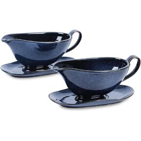 Vicrays Gravy Boat with Saucer - Large 17oz Ceramic Sauce Boat with Tray Set of 2 for Turkey Salad Dressings Creamer Milk Broth - Thanksgiving Christmas Holiday Serving Dishes - Blue