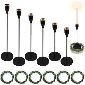 SNAIL GARDEN Black Candle Holders Set of 6, Tall Candlestick Holders for Taper Candles, Decorative Metal Candle Stand with 6Pcs Candle Wreaths for Dinner, Wedding, Party, Fits 3/4 Inch Thick Candle