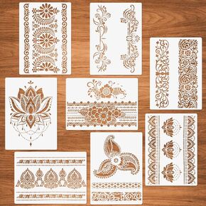 Flower Border Stencils, 8 Pcs Mandala Stencils for Painting on Wood Canvas Paper Wall Mandala Border Reusable DIY Craft Stencils 8.3"x11.8"