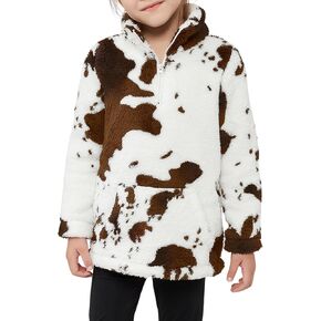 EARKOHA Girls Cow Print Pullover Quarter-Zip Sherpa Fleece Jackets Casual Fuzzy Outwear Coat with Pockets