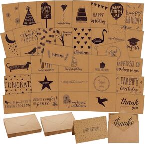 Best Paper Greetings 36 Pack Assorted All Occasion Cards with Envelopes in 36 Unique Designs for Birthdays, Congratulations, Sympathy, Thank You (Kraft Paper, 4x6 In)