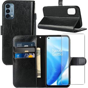 for OnePlus Nord N200 5G Case, OnePlus Nord N200 Wallet Case, with Screen Protector,PU Leather Wrist Strap Card Slots Shockproof Protective Flip Cover Phone Case for 1+ Nord N200 5G,Black