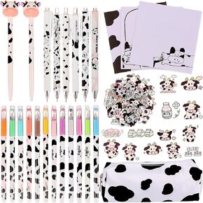55 Pcs Cute Cow Pen Set Includes Cow Retractable Gel Ink Pens, Cow Pencil Case, Cow Sticky Notes, and Cute Cow Stickers for Office School Supplies Cow Print School Supplies Party Favors