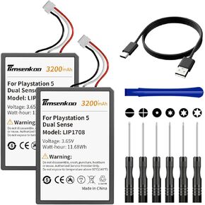 2 Pack 3200mAh LIP1708 Battery Replacement for Sony PS5 Playstation 5 DualSense CFI-ZCT1W Wireless Controller with USB Charging Cable