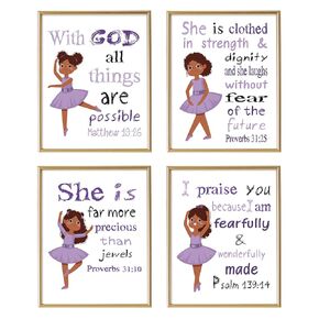 Christian Wall Decor for Ballerina - Motivational Bible Verse for African American Kids - Religious Scripture Wall Art for Teens Girls Bedroom - Puprle Spiritual Gifts for Daughter Nursery Bathroom