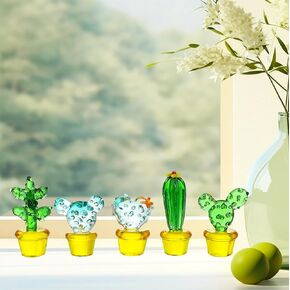 5 PCS Handcrafted Blown Glass Cactus Set Miniature Crystal Cacti Figurines for Home and Office Decor Cute Cactus Desk Tabletop, Car Inner Dashboard Ornaments (Cactus Style 1)