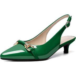 AUMOTED Women's Slingback Kitten Heels Classic Bow Pumps 1.6" Pointed Toe Ankle-Strap Low Heel for Casual Work Daily Patent Green US Size 10