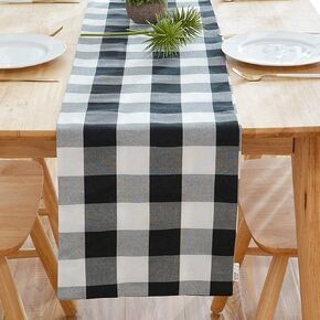 Cotton Beige White 2 Piece Fabric in 1 Buffalo Check Farmhouse Decorative Table Runner for Family Dinners or Gatherings, Indoor or Outdoor Parties, Everyday Use (12 x 48)