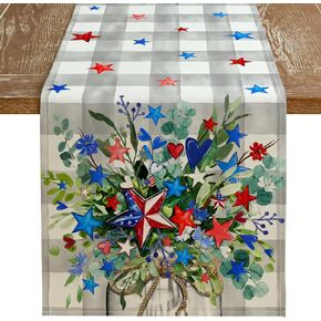 ARKENY 4th of July Memorial Day Table Runner 13x48 Inches, Eucalyptus Star Floral Holiday Farmhouse Buffalo Plaid Burlap Indoor Patriotic Independence Table Decor for Home Party AT622-48