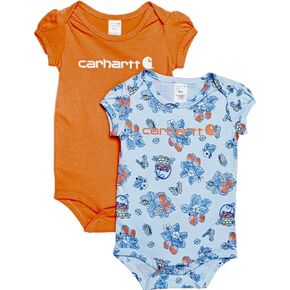Carhartt Baby Girls' 2 Pack Bodysuit Light Blue/Orange, 6 Months
