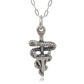 Sterling Silver Vet Tech Caduceus Symbol 3D Charm Necklace, 18"