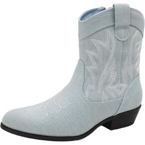 PEPPEP Western Cowgirl Cowboy Ankle Boots for Women or Ladies, Mid Calf, Vegan Leather Embroidered Upper, Low Heel, Fashionable Pointed-toe, Well Made