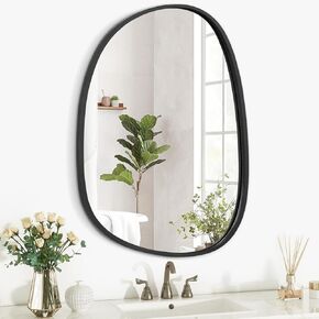 Asymmetrical Wood Frame Bathroom Mirrors for Wall Unique Irregular Oval White Mirror Modern Living Room Bedroom Vanity Entryway Hallway Decorative Artistic Hanging Wall Mirror 16"x12" White