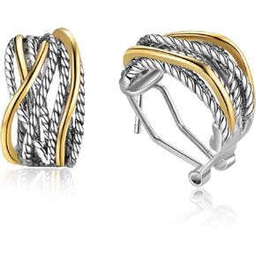 14k Gold Silver Earrings for Women, Crossover Half Hoop Earrings Two Tone Twisted Stud Lightweight Statement Earrings Jewelry