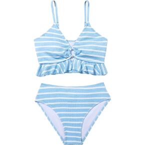 Milumia Girl's Two Piece Bikini Set Striped Ruffle Trim Cut Out Swimsuit