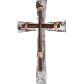 Dicksons WWC-77 Rustic Rope Wrapped Natural Brown Wood Look With Whitewash Accents 20 x 13 Inch MDF Decorative Hanging Wall Cross