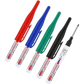 4 Pcs Multi Purpose Deep Hole Marker Pens,Long Nib Head Marker Waterproof Colorful Carpenter Pen for Bathroom Woodworking Decoration,Red Black Blue Green Ink Permanent Markers and Marker Pens