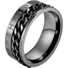 Men's 8MM Stainless Steel Chain Spinner Ring Band with Viking Rune Odin Norse Text Jewelry