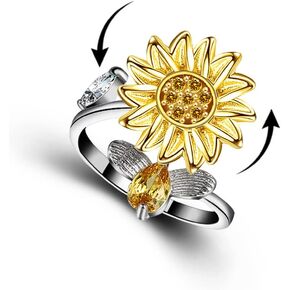 Rotating Planet Sunflower Fidget Spinner Anxiety Ring Open Adjustable Flower Cubic Zirconia Crystal Bead Stress Relief Stacking Band Ring for Women Men Girl Jewelry Gift