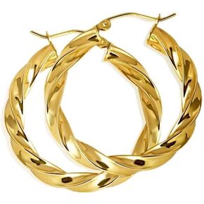 Solid 14K Yellow Gold Reversible Twisted Rope Hoop Earrings for Women Girls, 4mm Thick 30-40mm Diameters
