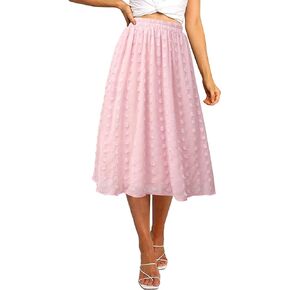 Ezcosplay Women's Boho Swiss Dot High Elastic Waist Pleated A-Line Midi Skirt