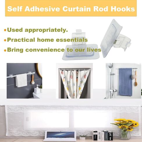 8 عبوات بدون حفر شديدة التحمل 44 رطل خطاطيف قضيب ستارة ذاتية اللصق، 4 قطع متعددة الأغراض خالية من الأظافر لاصقة على خطافات قضيب الستارة للحمام والمطبخ والمنزل والشقة، شفافة in Kuwait