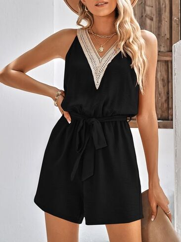 PRETTYGARDEN Women's Summer Sexy V Neck Romper 2023 Fashion Sleeveless Casual Waist Tie Short Jumpsuit With Pocket in Kuwait