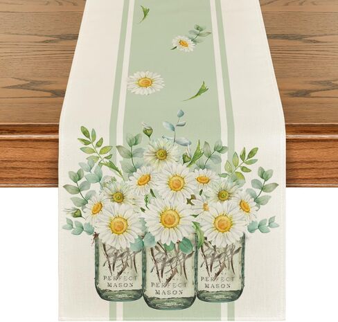 Artoid Mode Eucalyptus Leaves Daisy Vase Table Runner, Spring Easter Summer Seasonal Holiday Kitchen Dining Table Decoration for Indoor Outdoor Home Party Decor 13 x 72 Inch in Saudi Arabia