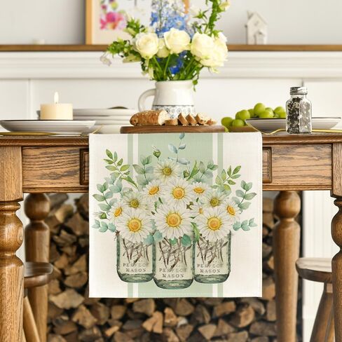 Artoid Mode Eucalyptus Leaves Daisy Vase Table Runner, Spring Easter Summer Seasonal Holiday Kitchen Dining Table Decoration for Indoor Outdoor Home Party Decor 13 x 72 Inch in Saudi Arabia