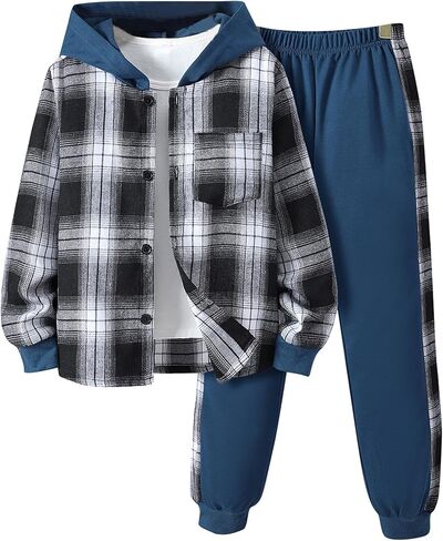 FERWANG Kids Toddler Boys 2 Piece Outfit Plaid Color Front Button Down Hoodie Sweatshirt and Jogger Sweatpants Sets in Saudi Arabia