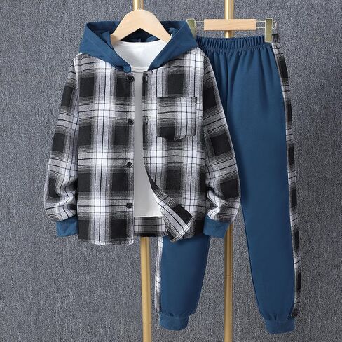 FERWANG Kids Toddler Boys 2 Piece Outfit Plaid Color Front Button Down Hoodie Sweatshirt and Jogger Sweatpants Sets in Saudi Arabia