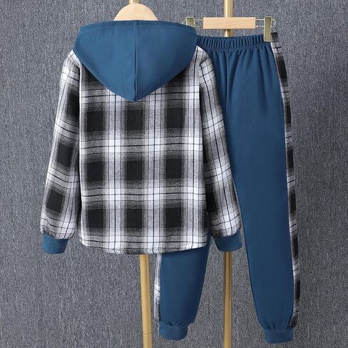 FERWANG Kids Toddler Boys 2 Piece Outfit Plaid Color Front Button Down Hoodie Sweatshirt and Jogger Sweatpants Sets in Saudi Arabia
