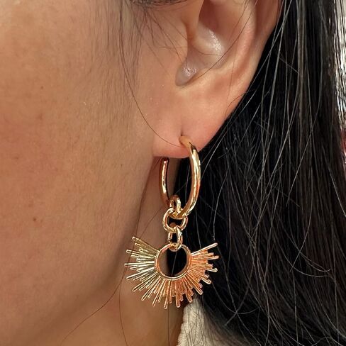 – Gold Dangle Drop Hoop Earrings – 16K Gold Plated Spike Fan Hoop Earring - Sunburst Gold Statement Earrings for Women in Saudi Arabia