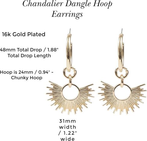 – Gold Dangle Drop Hoop Earrings – 16K Gold Plated Spike Fan Hoop Earring - Sunburst Gold Statement Earrings for Women in Saudi Arabia