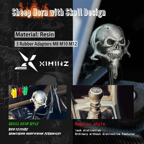 Shift Knob Automatic Skull Shape Universal Gear Knob Replacement with 3 Adapter White in Saudi Arabia