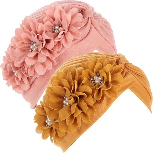 2 Pieces Womens Turban Three Flower Plicate Caps Vintage Beanie Headscarf Bonnet Elastic Headwrap Hat in Saudi Arabia