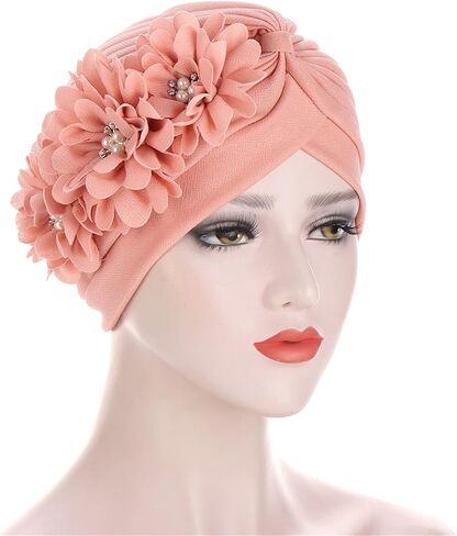2 Pieces Womens Turban Three Flower Plicate Caps Vintage Beanie Headscarf Bonnet Elastic Headwrap Hat in Saudi Arabia