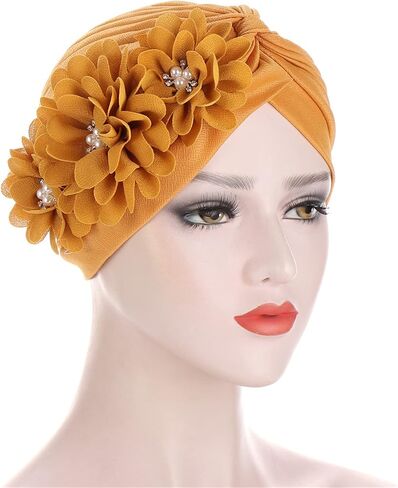 2 Pieces Womens Turban Three Flower Plicate Caps Vintage Beanie Headscarf Bonnet Elastic Headwrap Hat in Saudi Arabia