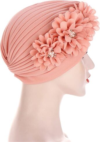 2 Pieces Womens Turban Three Flower Plicate Caps Vintage Beanie Headscarf Bonnet Elastic Headwrap Hat in Saudi Arabia