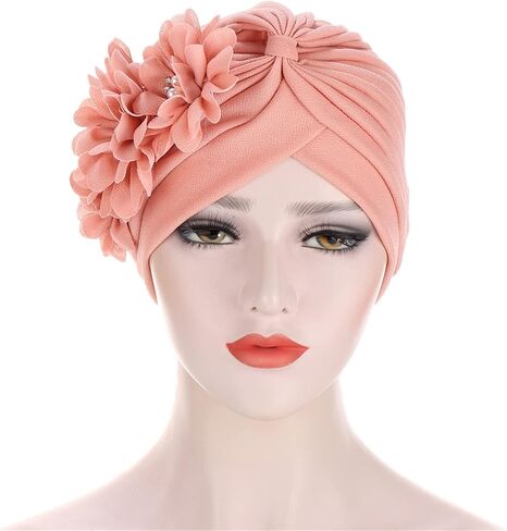 2 Pieces Womens Turban Three Flower Plicate Caps Vintage Beanie Headscarf Bonnet Elastic Headwrap Hat in Saudi Arabia