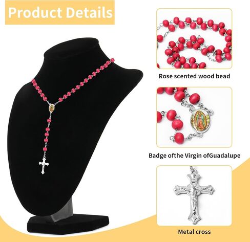 14 inch Wooden Rosary Bead Necklace,Virgen De Guadalupe Rosary for Baptism Our Lady of Guadalupe First Communion Scented Rosary with Organza Bag Catolicos Rosary Bulk for Men Women in Saudi Arabia
