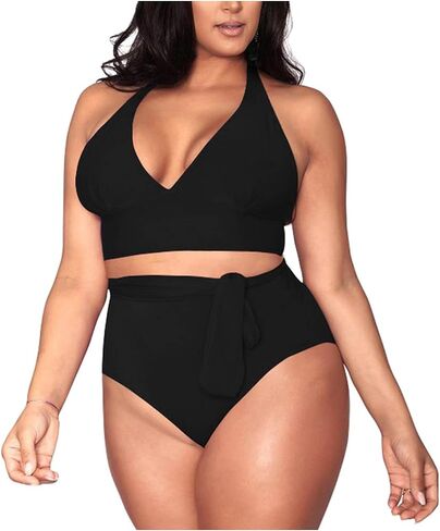 Kisscynest Women's Plus Size High Waisted Swimsuit Halter Bikini Knotted Bottom Bathing Suits Swimswear in Saudi Arabia