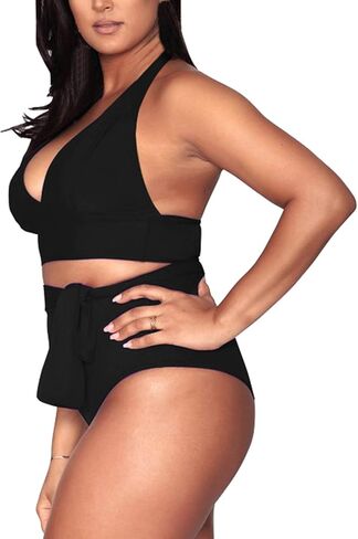Kisscynest Women's Plus Size High Waisted Swimsuit Halter Bikini Knotted Bottom Bathing Suits Swimswear in Saudi Arabia